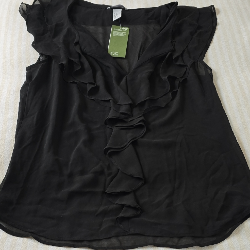 H&M Ruffle Sheer Black Top Size:14
